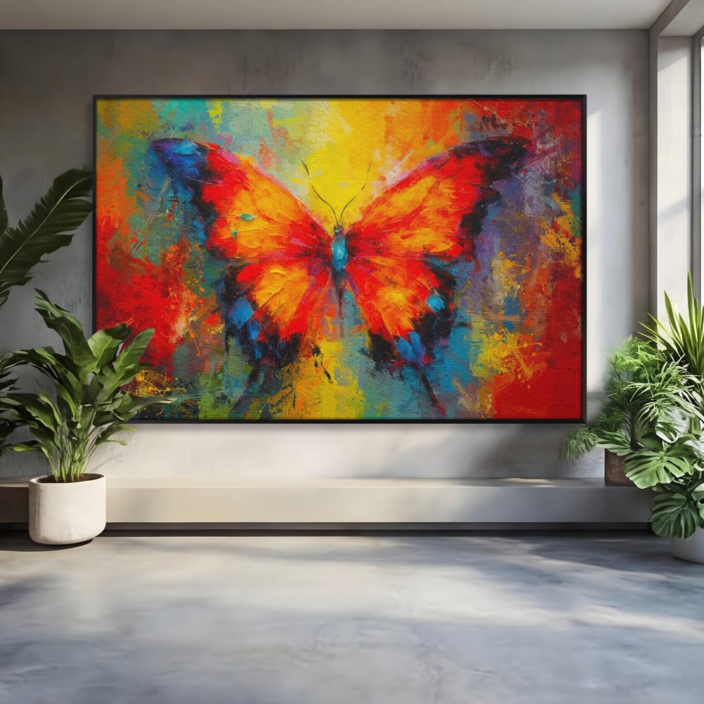 Tablou canvas cu pictura orizontala cu fluture colorat, in rama de aluminiu negru